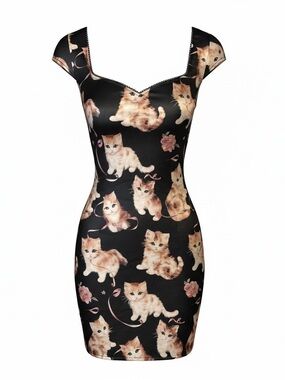 Cider Black Midi Dress with Cream Kitten Print